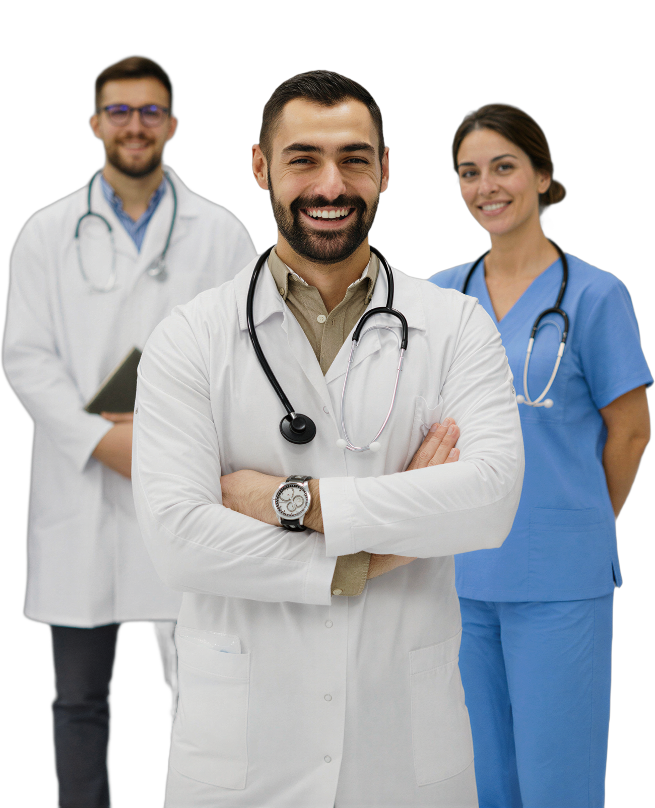 Three physicians, two men in white coats and a woman in scrubs